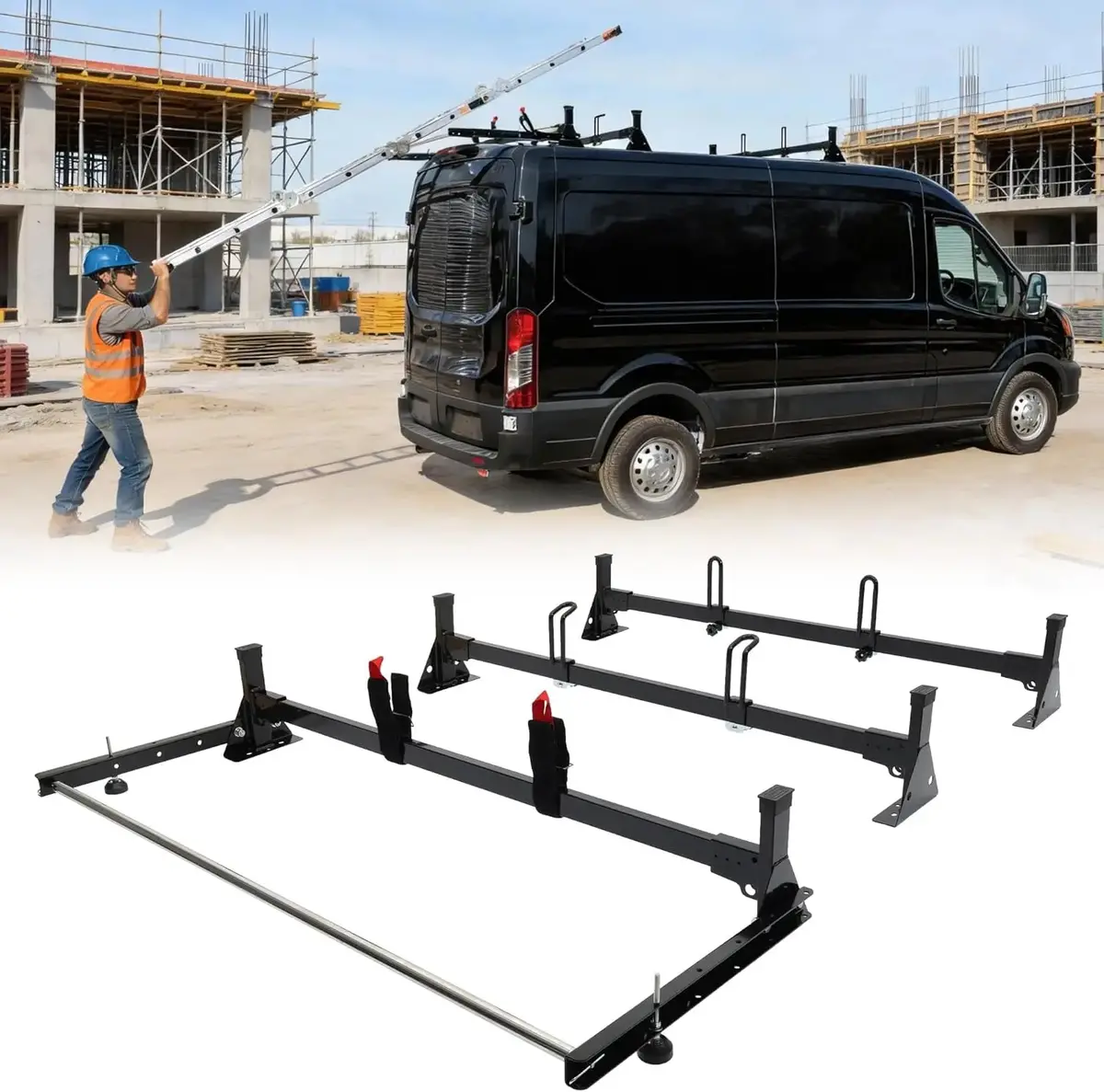 Melipron 800Lbs Van Roof Ladder Rack With Rear Roller Fits For 2015-2025 Ford Transit 150 250 350 1