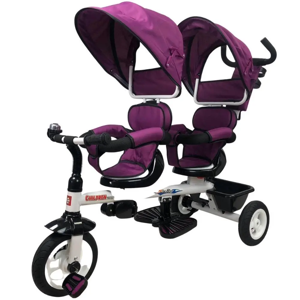 Kids Tandem Tricycle Double Seats Ride-On Trike With Parent Handle - Purple 1