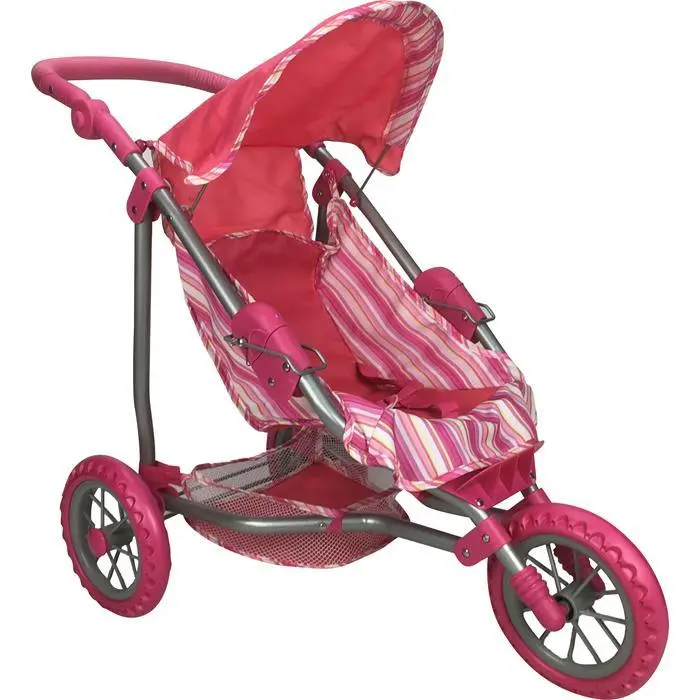 Girls Three Wheel Doll Stroller - Pink Stripe 1