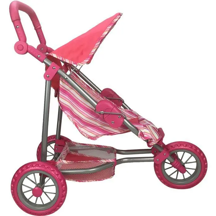 Girls Three Wheel Doll Stroller - Pink Stripe 2
