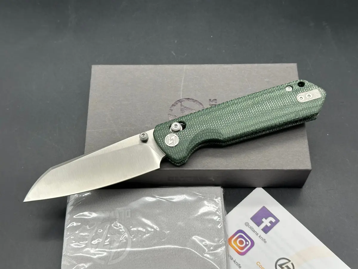Olitans King Penguin Folding Knife Green Micarta 14C28n Crossbar Lock-Thumb Stud 1