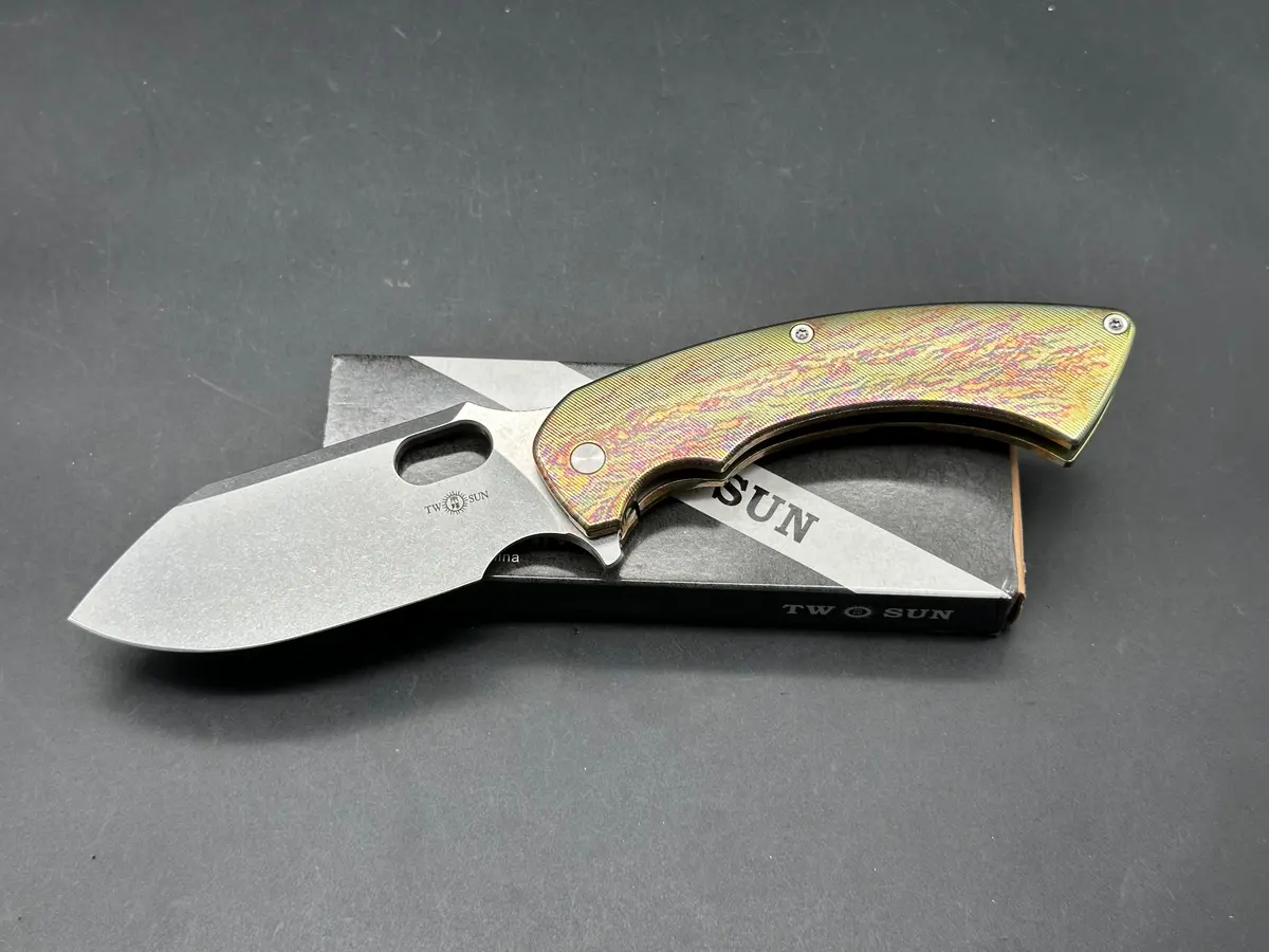 Twosun Folding Knife Color Titanium Handle 14C28n Plain Edge Ts459-Color 1
