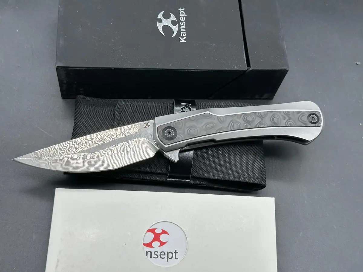Kansept Knives Kratos Frame Lock Knife Carbon Fiber/Ti (3.75" Damascus) 1
