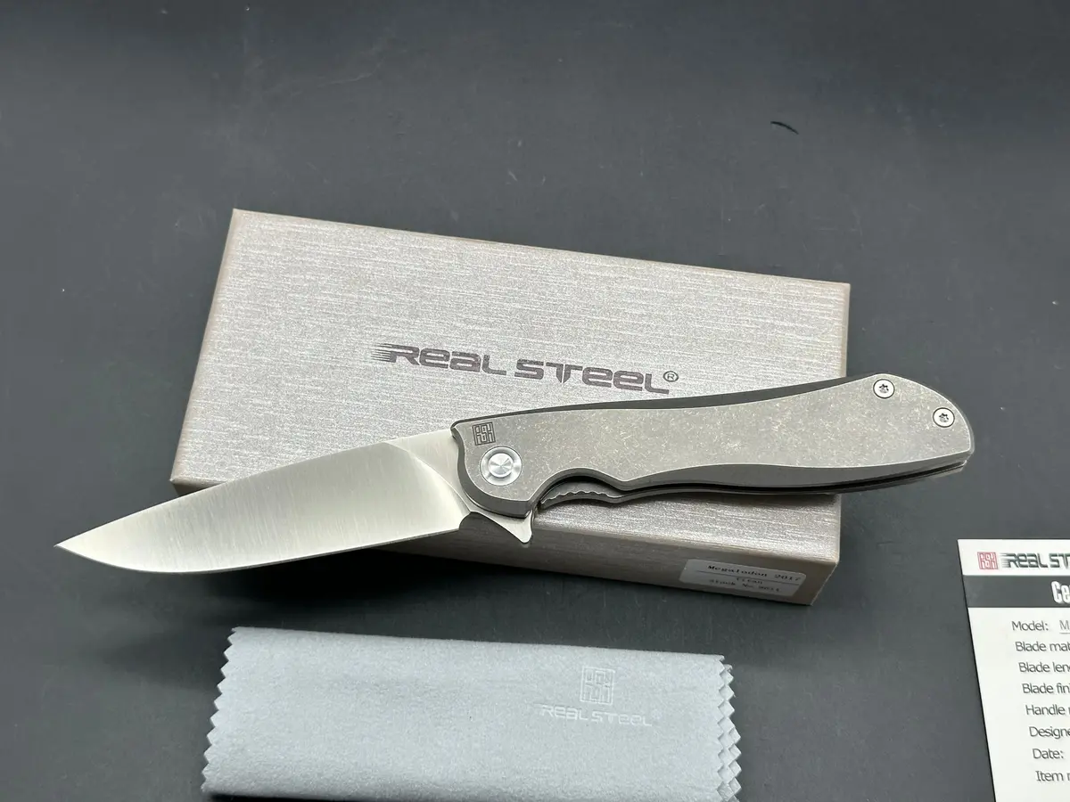 Real Steel Megalodon 2017 #1196, Satin M390 Blade, Stonewashed Titanium Handles And Pocket Clip 1