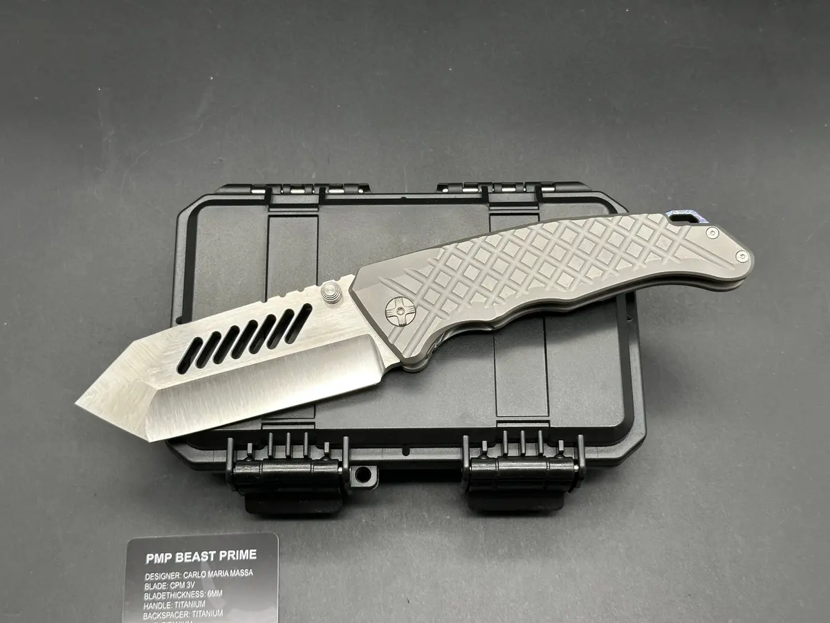 Pmp Knives - Beast Prime/Grey Frag Ti Handle + Custom Lighting Ano Backspacer, Pocket Clip/Clip Point Tanto/Satin Bohler M390 1