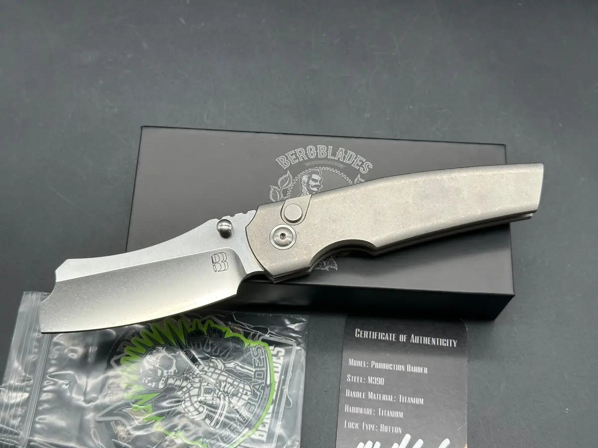 Berg Blades Button Lock Barber #15, Bright Stonewashed Hollow Ground M390 Blade 1