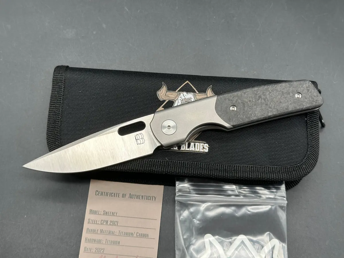 Berg Blades Sweeney #03, Belt Satin Cpm-20Cv Blade With Hand Satin Flats, Bead Blasted Titanium Handles With Carbon Fiber Inlays 1