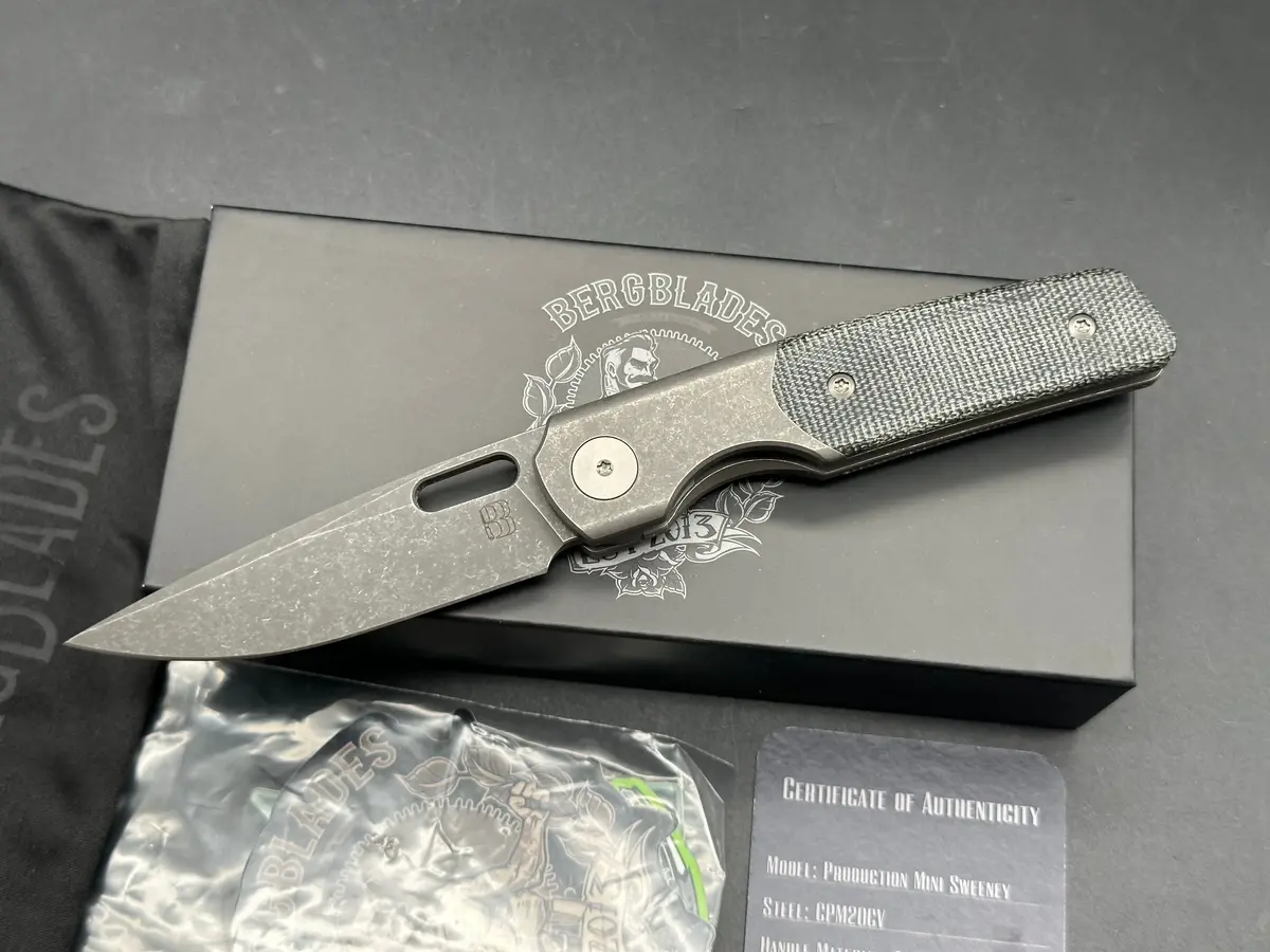Berg Blades Mini Sweeney #15/25, Acid Wash Stonewashed Cpm-20Cv Blade, Dark Stonewashed Handles With Black Micarta Inlays 1