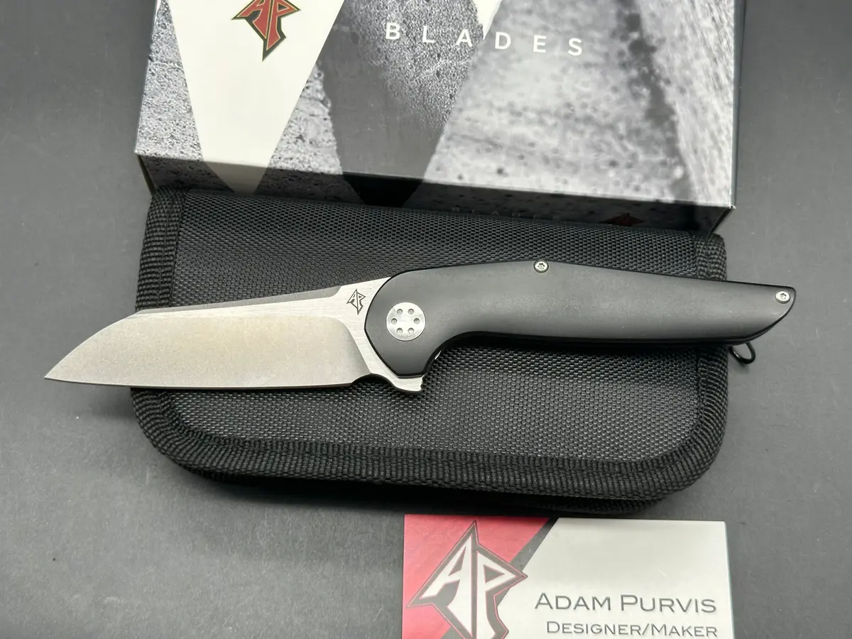 Apurvis Blades Progeny V1, Stonewashed M390 Blade With Satin Flats, Black Pvd Titanium Handles 1