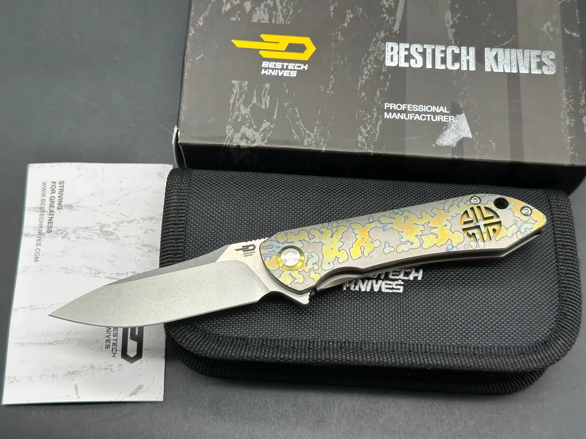Bestech Emperor Medium 3.1 Inch Stonewashed Cpm-S35vn Blade, Bronze/Gold/Blue Anodized Titanium Handles 1
