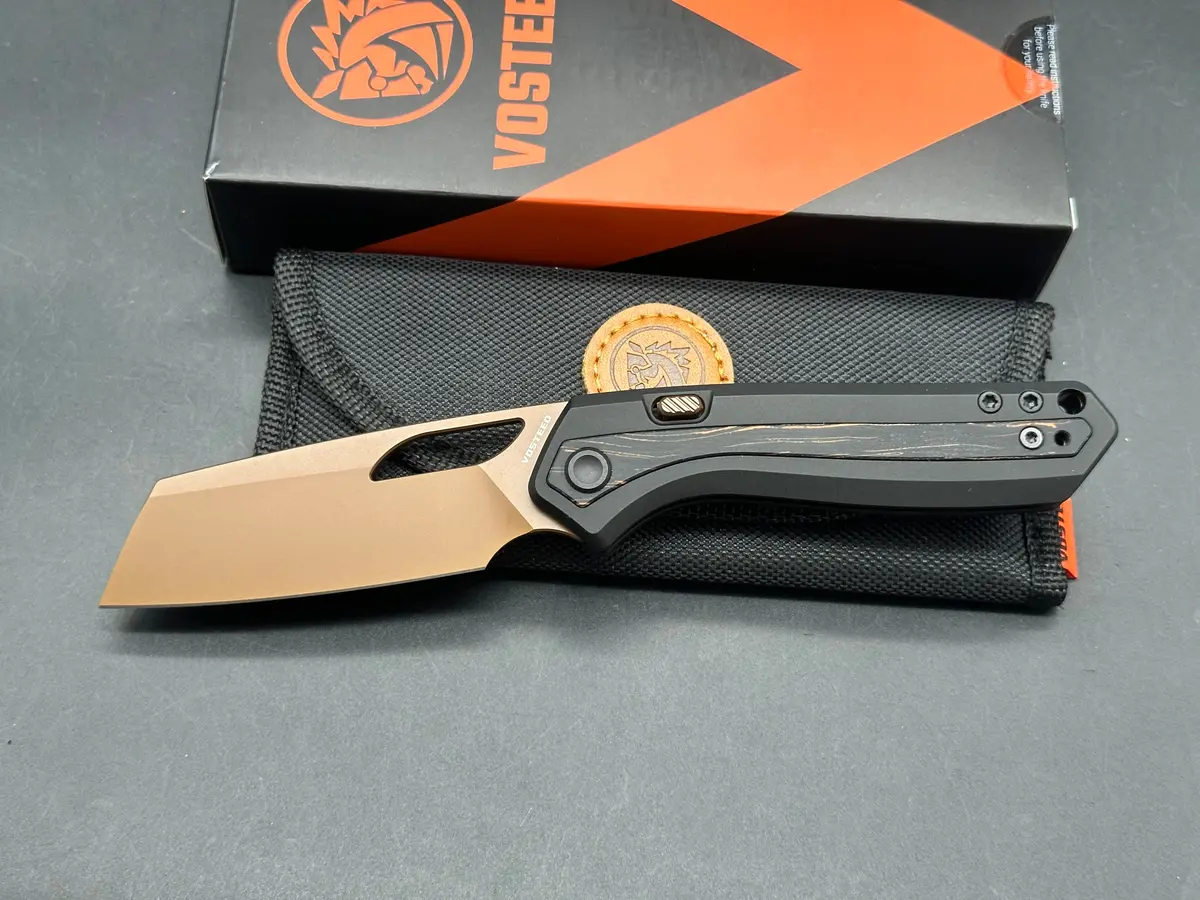Vosteed Kroc Cpm-S35vn Copper Dune Pvd Blade, Black Aluminum Handles With Orange/Black Topo G10 Inlays 1