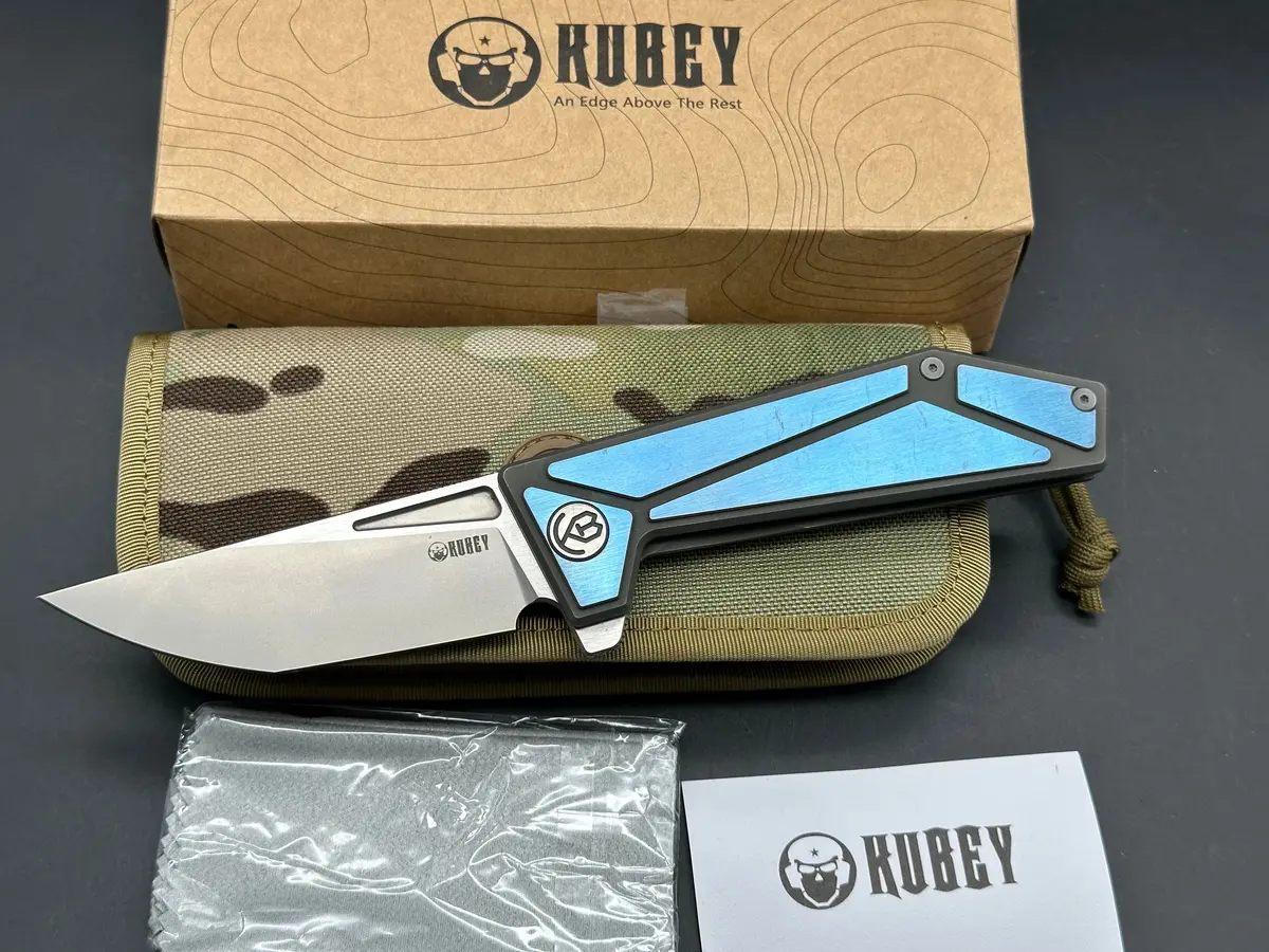 Kubey Kb256e Folding Knife Blue Titanium Aus10 Blade 1