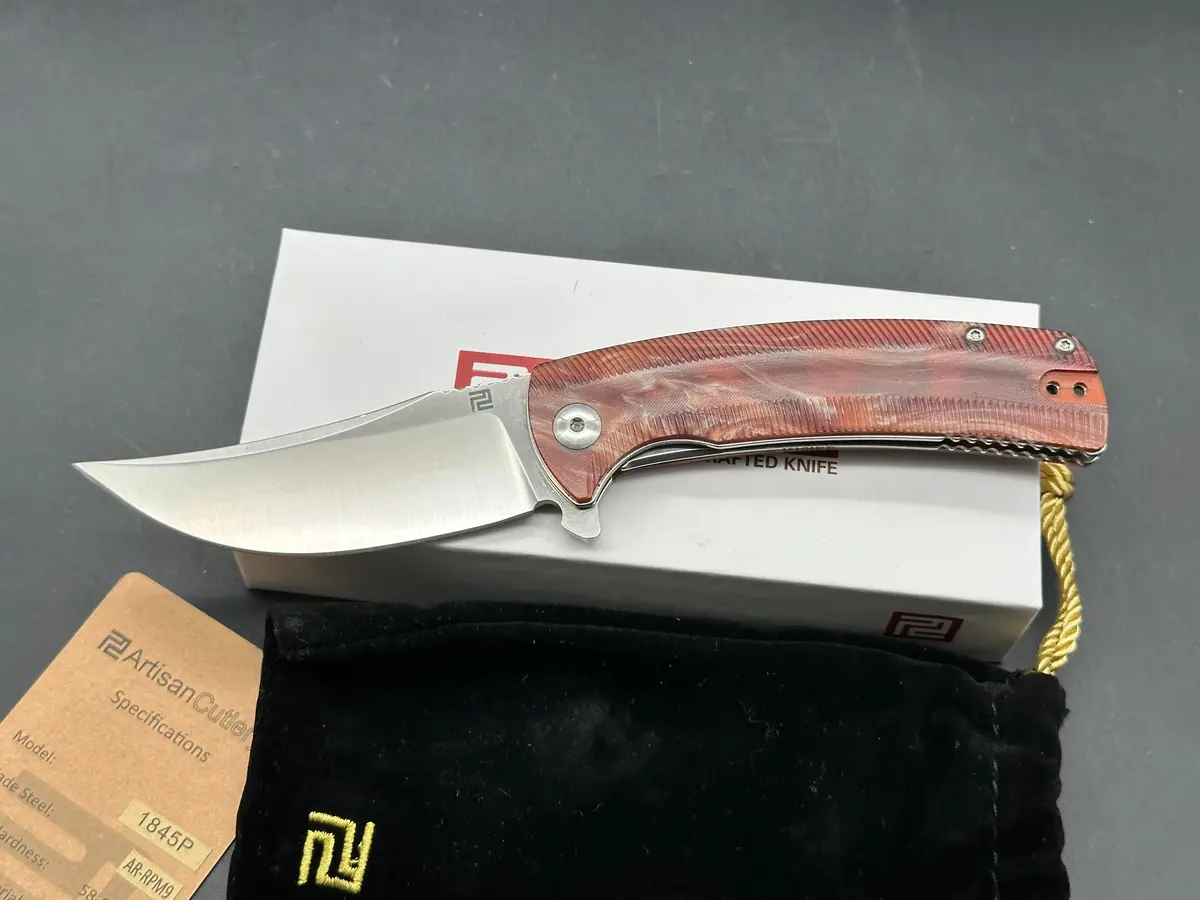 Artisan Cutlery Arroyo Model 1845P, Ar-Rpm9 Steel, Acrylic Red Handles Mars Knife 1