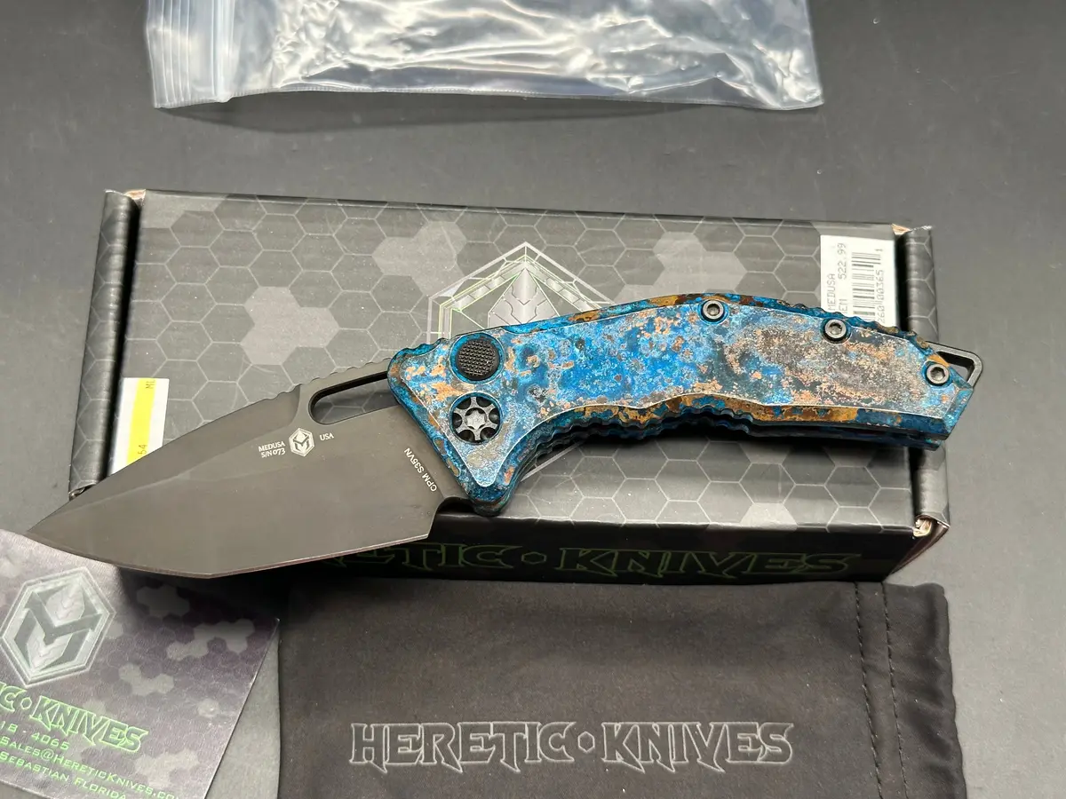 Heretic Knives Medusa Auto Chemtina Copper (Shipwreck) Finish Black Cpm S35vn Blade 1