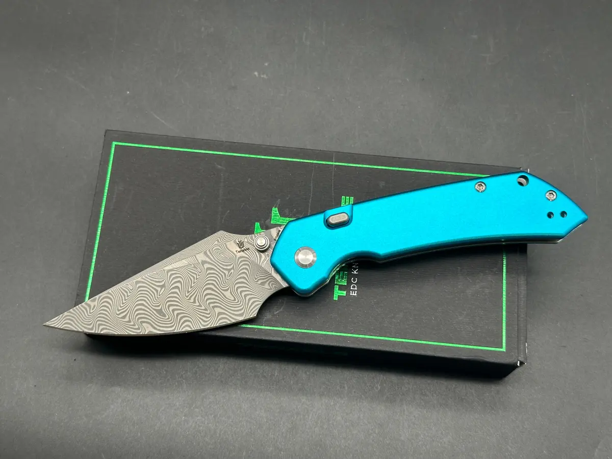 Tenable Fenrir Top Liner Lock Blue Aluminum Handle Damascus Blade 1