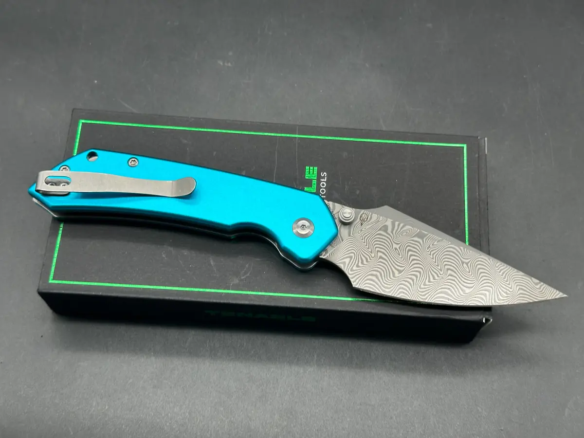 Tenable Fenrir Top Liner Lock Blue Aluminum Handle Damascus Blade 2