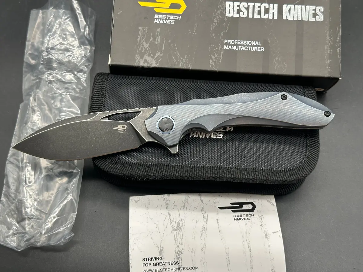 Bestech Eskra (Bt1813b), Black Stonewashed M390 Blade, Contoured Blue Anodized Titanium Handles With Micro Milling 1
