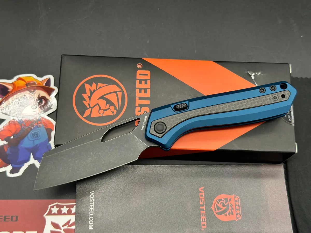 Vosteed Kroc Black Stonewashed Cpm-S35vn Blade, Blue Aluminum Handles With Carbon Fiber Inlays 1