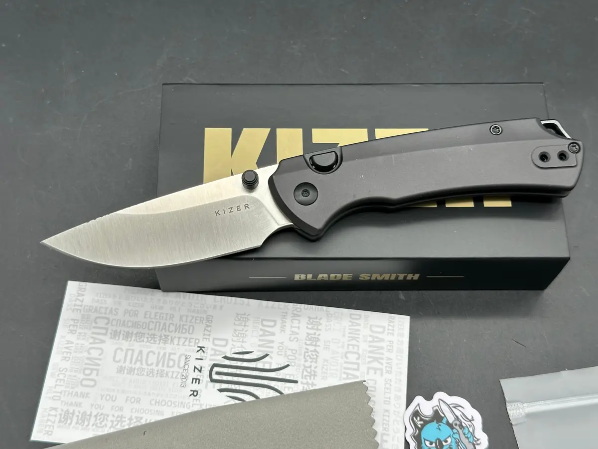 Kizer T1 Bd Folding Knife Gray Aluminum Handle Elmax Drop Point Plain Edge Satin Finish 1