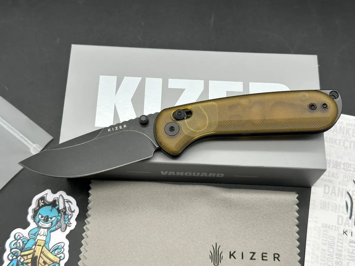 Kizer Buddy Ii Folding Knife Yellow Pei Handle Aeb-L Drop Point Plain Edge Black Pvd Stonewash Finish 1
