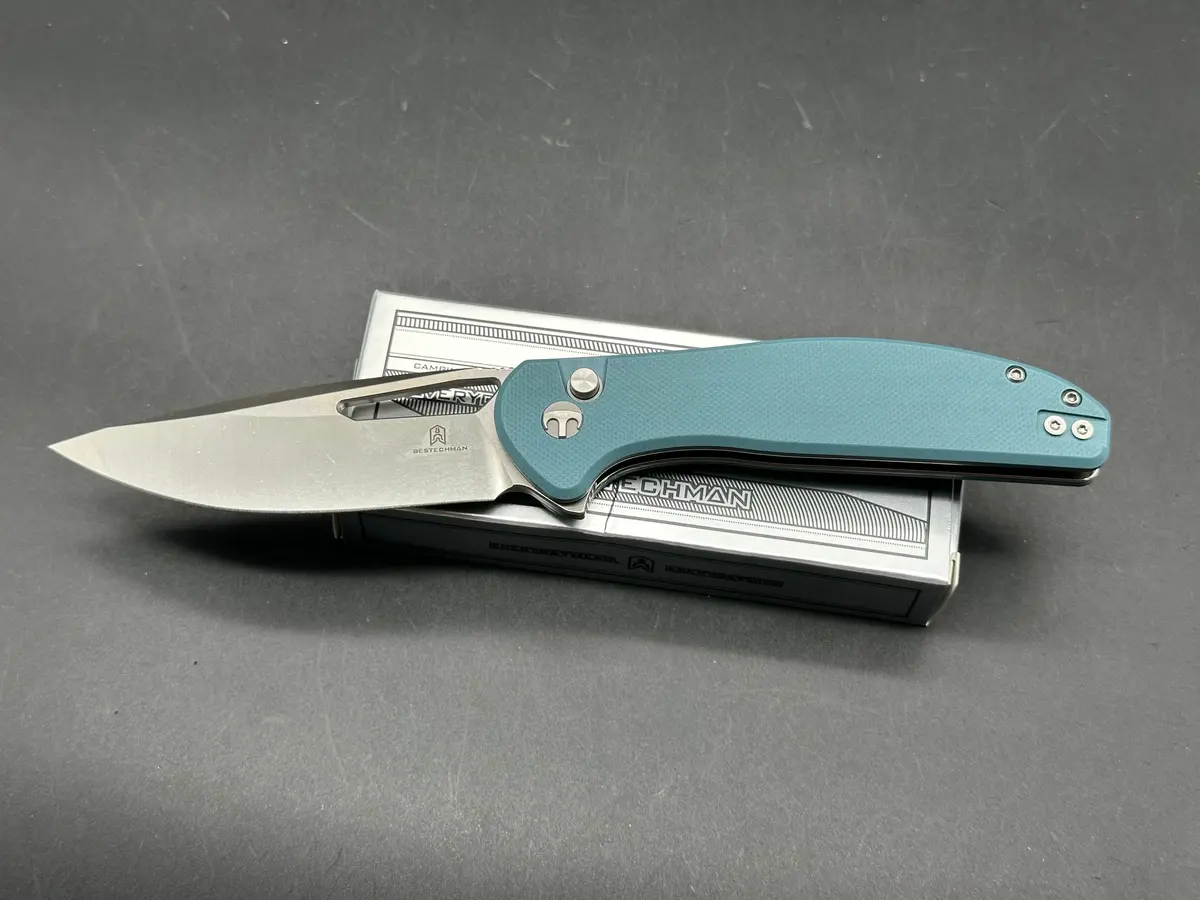 Bestechman Whalefin Folding Knife Blue G10 Handle D2 Plain Edge Flat Stonewash/Satin Finish 1