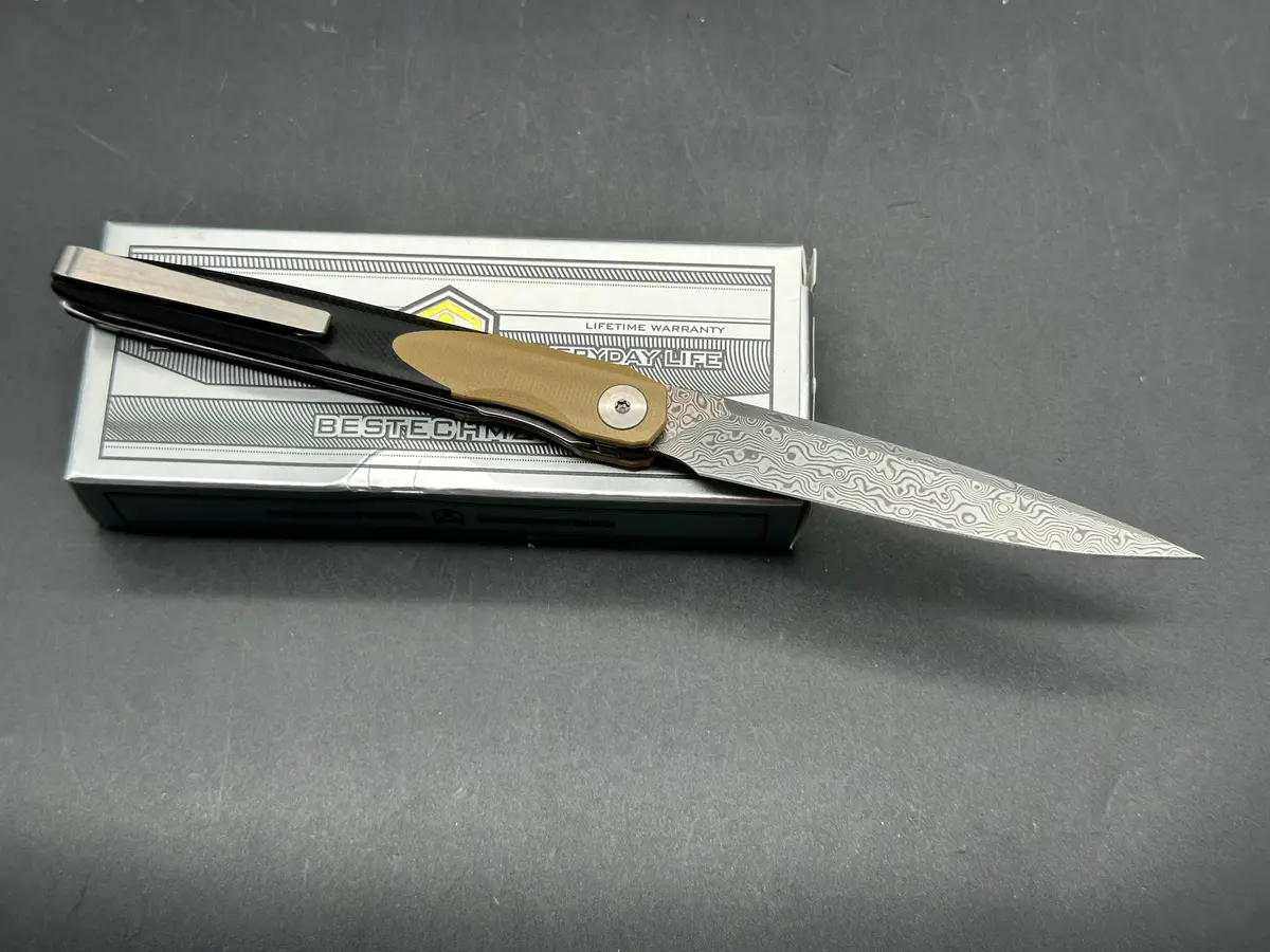 Bestechman Lanza Folding Knife Khaki/Black G10 Handle Damascus Plain Edge 2