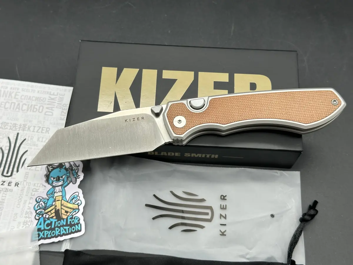 Kizer Wharning Folding Knife Aluminum/Brown Norplex Ultrex Handle S45vn Sheepsfoot Plain Edge Satin Finish 1