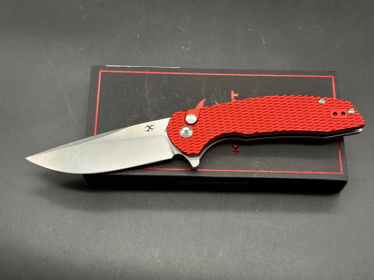 Kansept Accipiter Folding Knife Red Aluminum Handle 14C28n Plain Edge Stonewash Finish 1