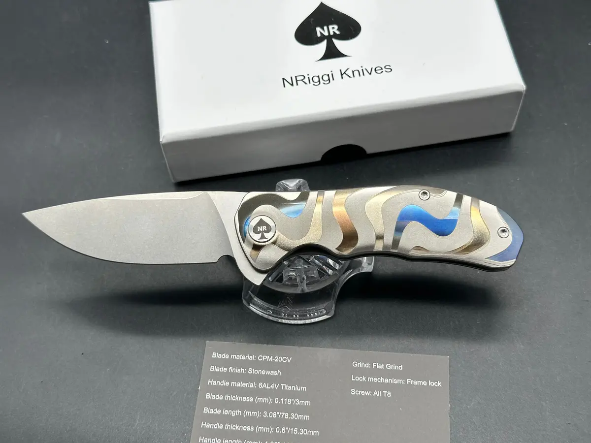 Nriggi Knives "Jersey" Laser Engraved Titanium Scales W/Cpm 20Cv Stonewash Blade 1