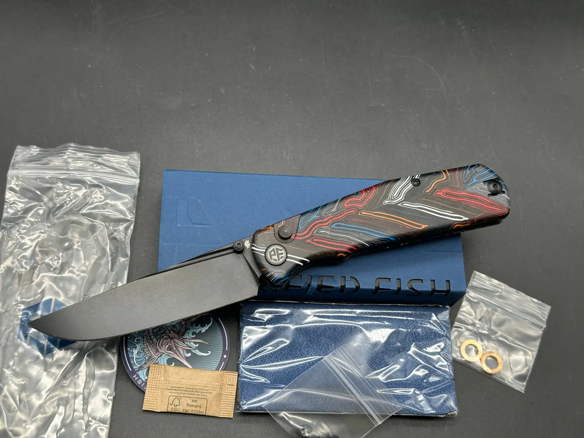 Petrified Fish Lis Folding Knife Button Multi Color Handle 10Cr15comov Black Blade 1