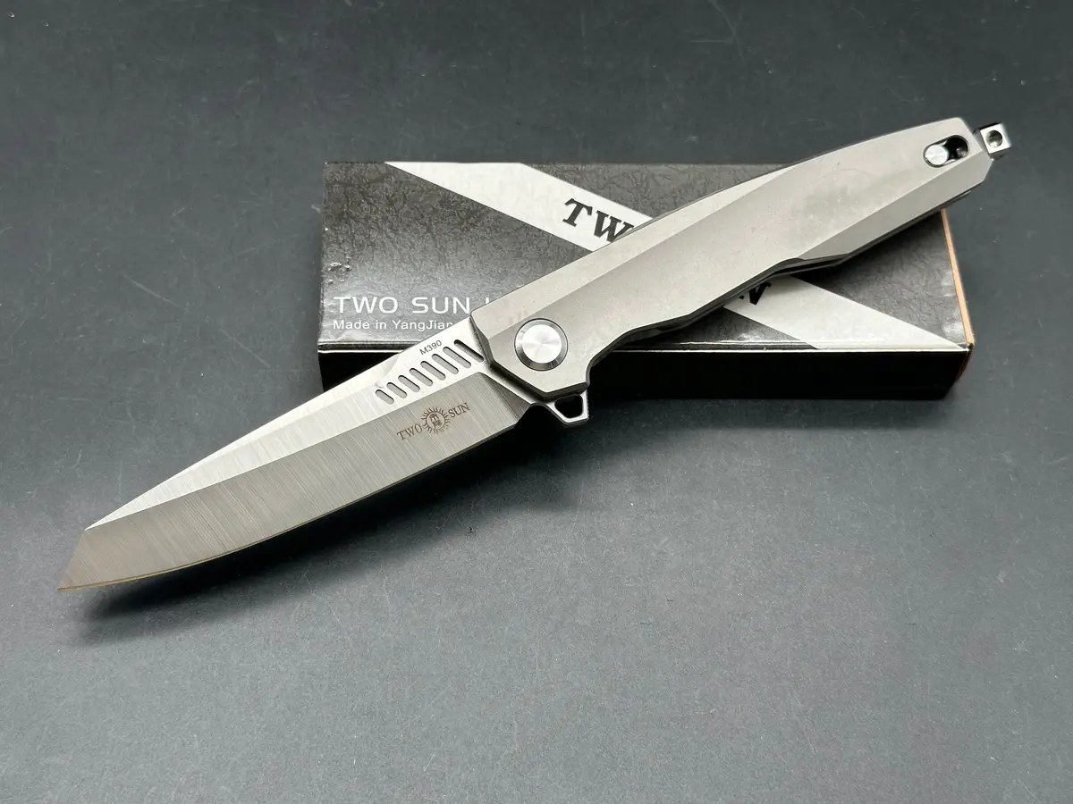 Twosun Ts88-M390 “Tenon And Mortise” Gray Titanium Alloy Handle Plain M390 Blade 1