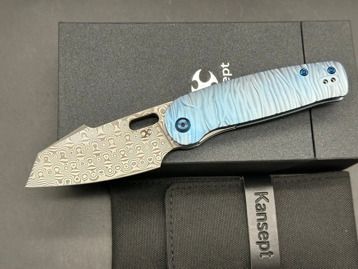 Kansept Orlok Folding Knife Blue Titanium Handle Damascus Plain Edge 1