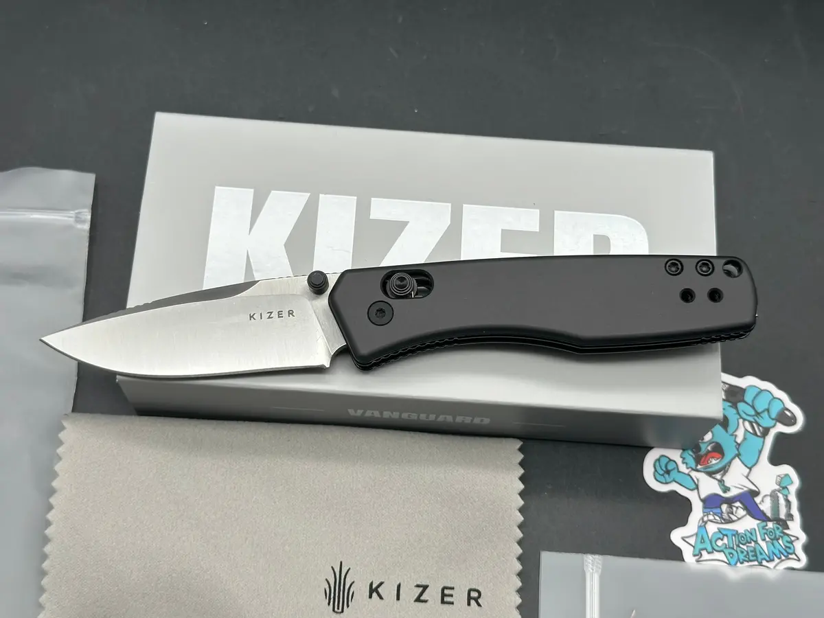 Kizer Aegis Folding Knife Gray Aluminum Handle Aeb-L Drop Point Plain Edge Satin Finish 1