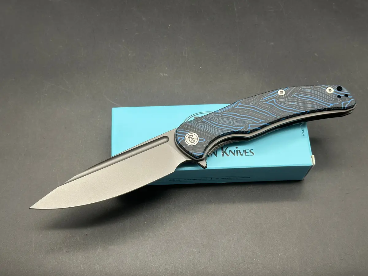 Miguron Velona Folding Knife Blue Gmascus G10 Handle Dark Gray Pvd 14C28n Blade 1