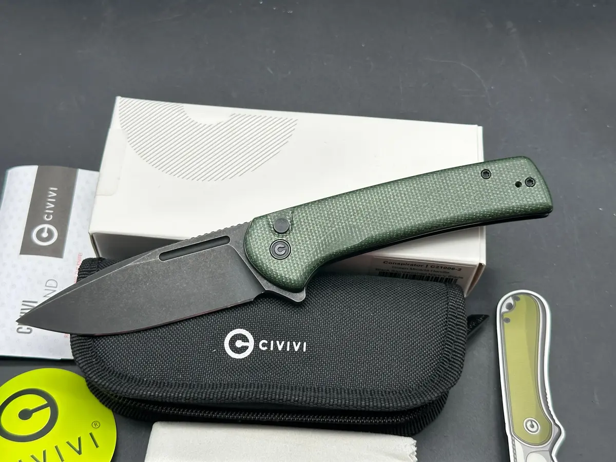 Civivi Conspirator Folding Knife Green Micarta Handle Nitro-V Plain Edge Black Stonewash Finish 1