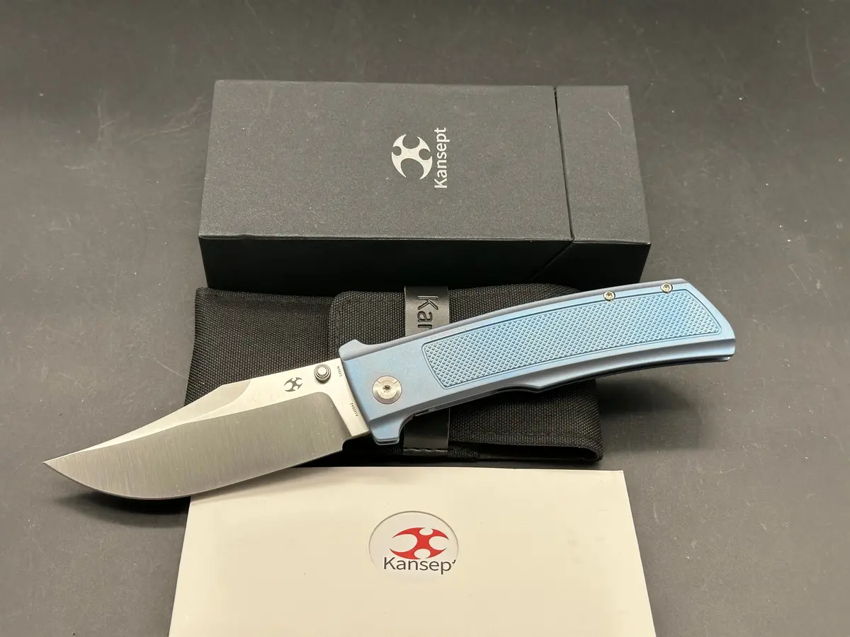 Kansept Bison Folding Knife Blue Titanium Handle S35vn Plain Edge Satin Finish 1