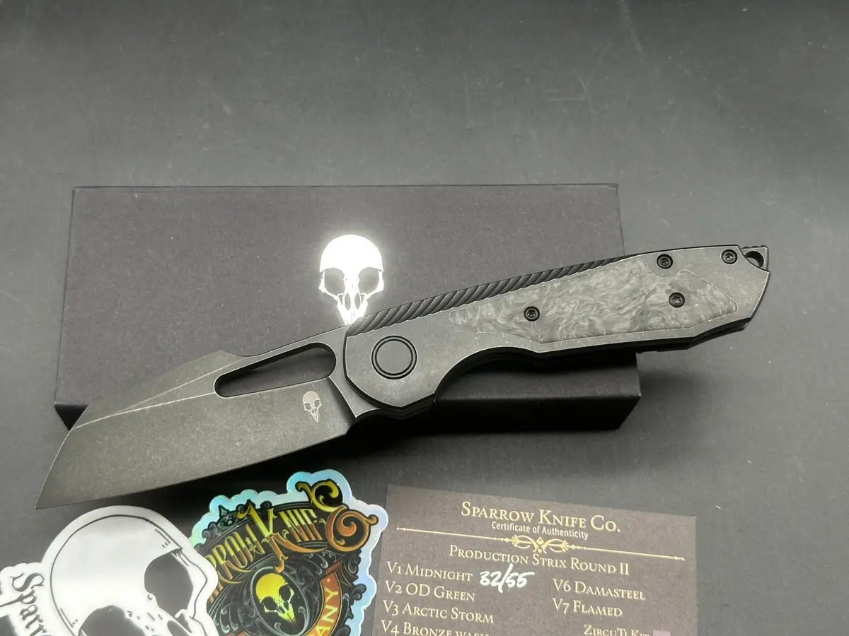 Sparrow Knife Co. Production Strix Round Ii (V1 Midnight) #32/55, Black Stonewashed Dlc Hollow-Ground Magnacut Blade 1