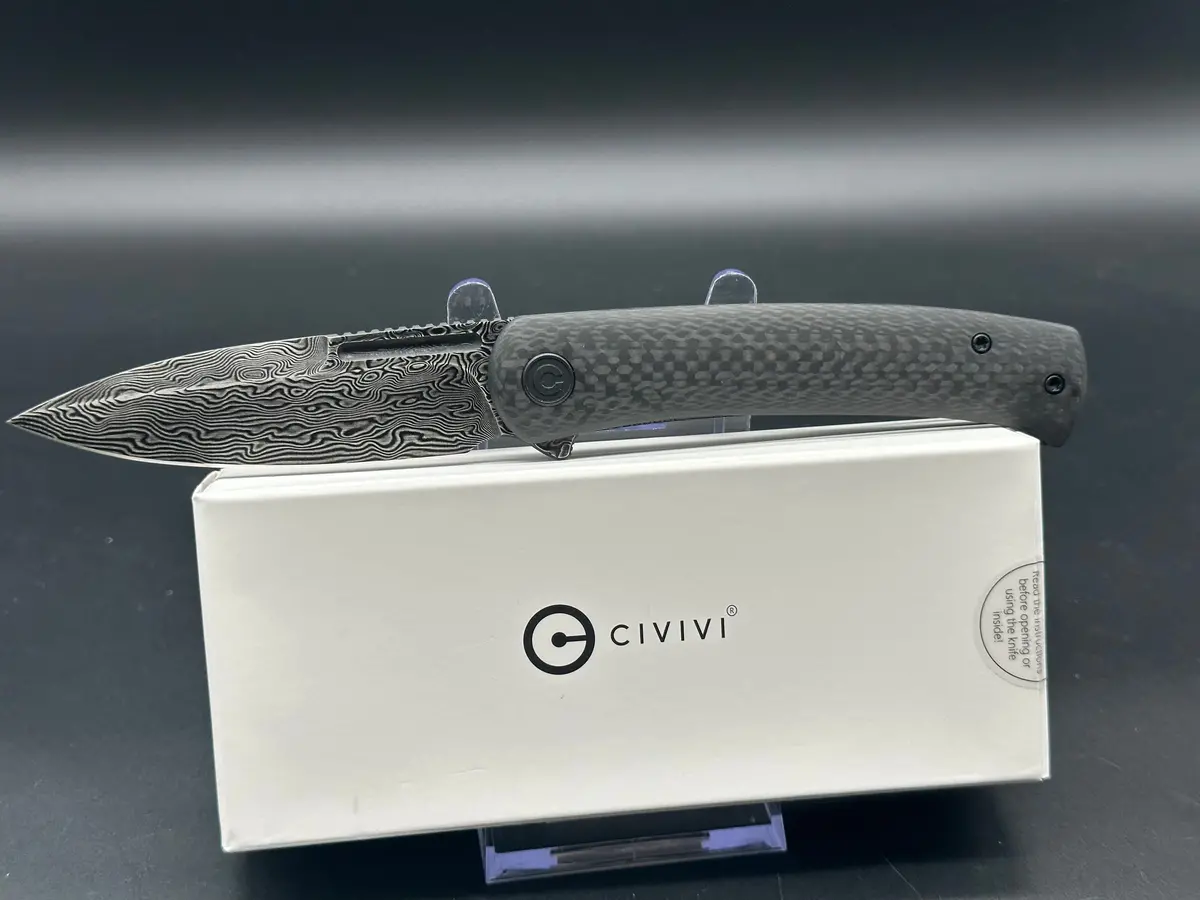 Civivi Caetus Twill Carbon Fiber Handle Black Hand Rubbed Damascus Blade 1