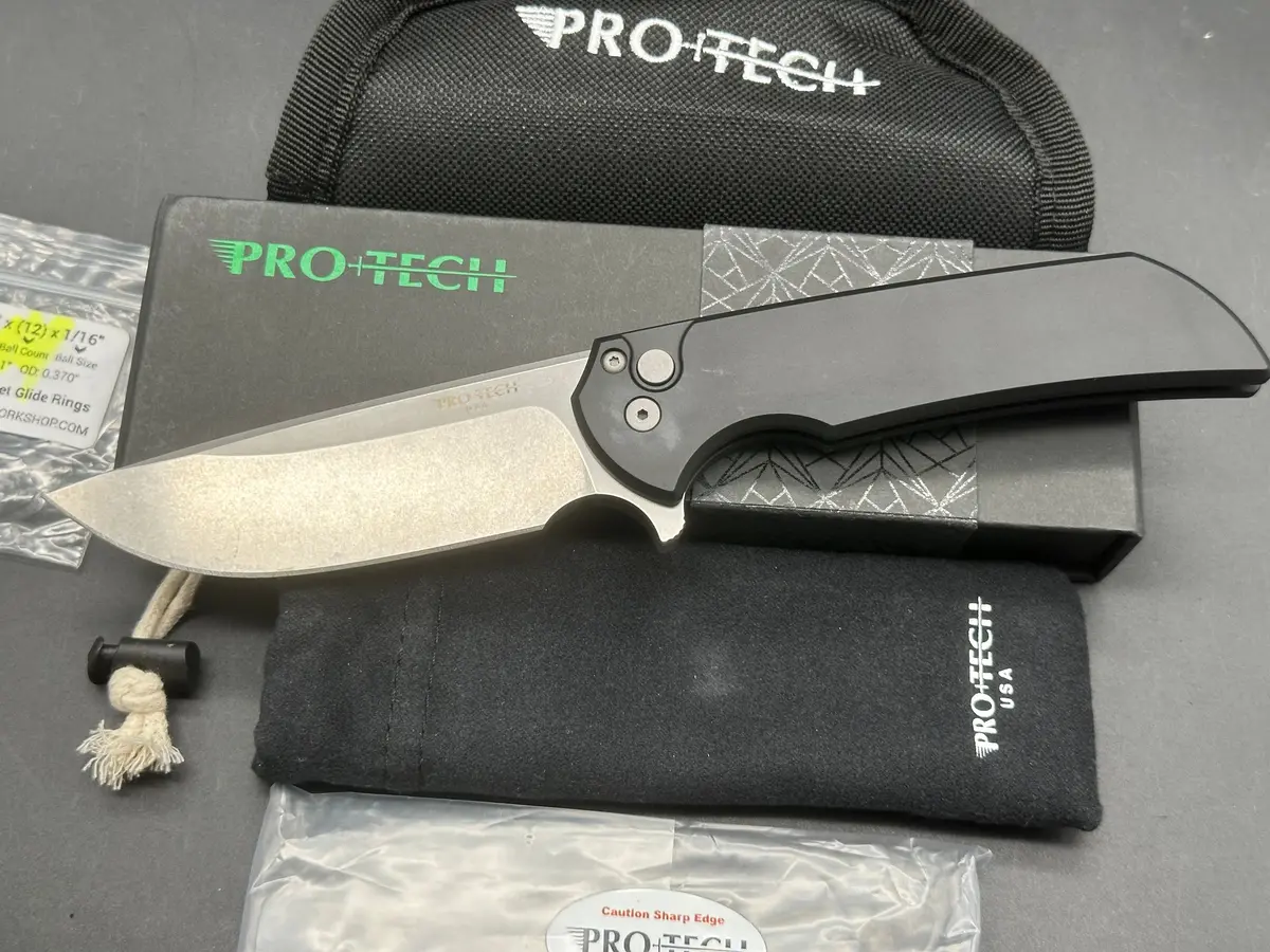 Protech Mordax 3.6" Cpm Magnacut Stonewash Blade With Black Plain Aluminum Scales 1