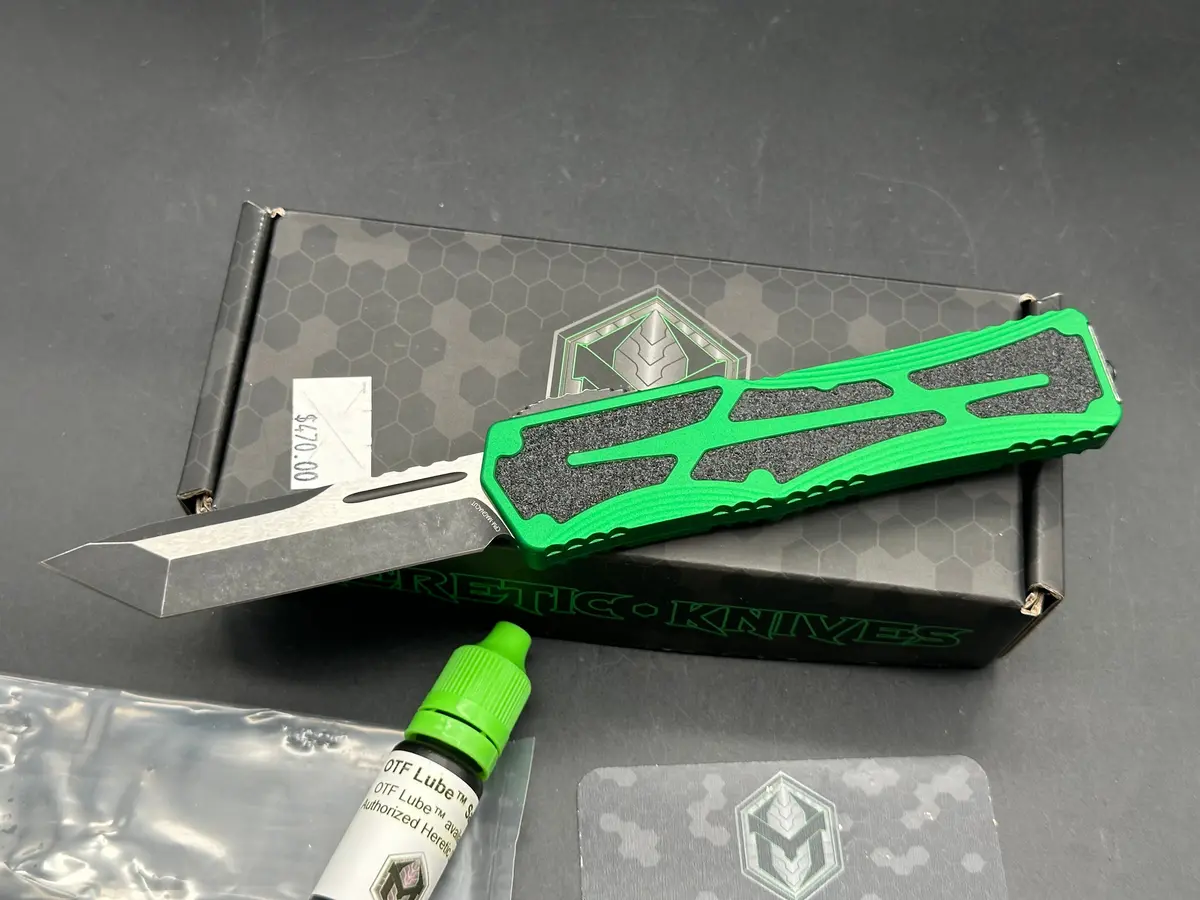 Heretic Knives "Colossus" Otf Automatic Knife Green 3.5" Tanto Battleworn Black 1