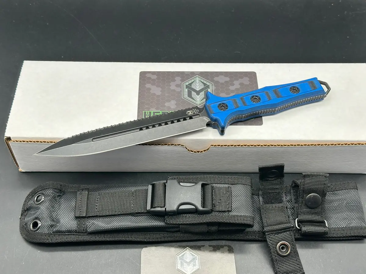 Heretic Knives – H003-8C-Blublk – Nephilim Fixed Blade D/E Dagger – Serrated – Elmax – G10 – Blue Black 1