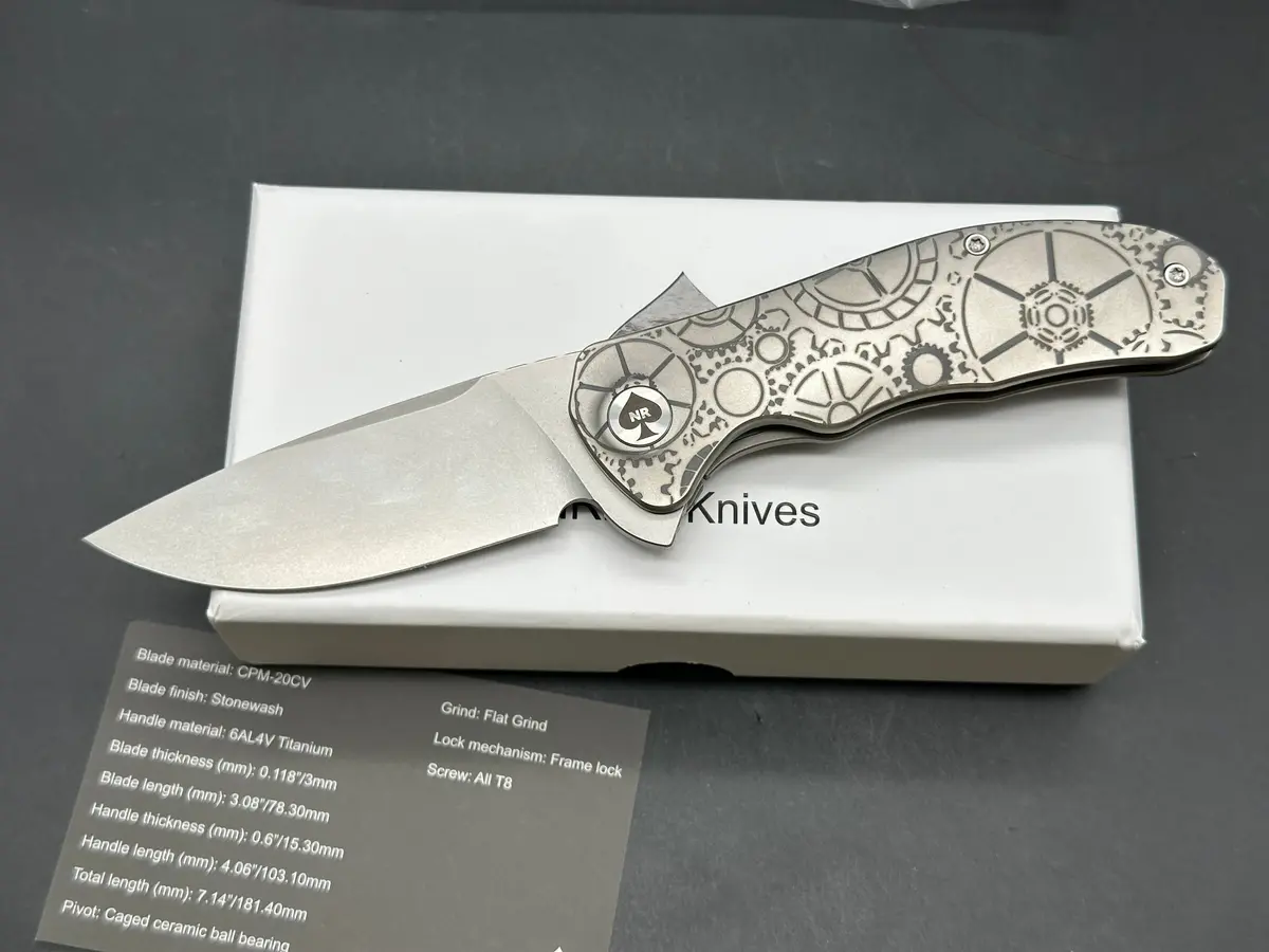 Nriggi Knives "Jersey" Laser Engraved Titanium Scales W/Cpm 20Cv Stonewash Blade 1