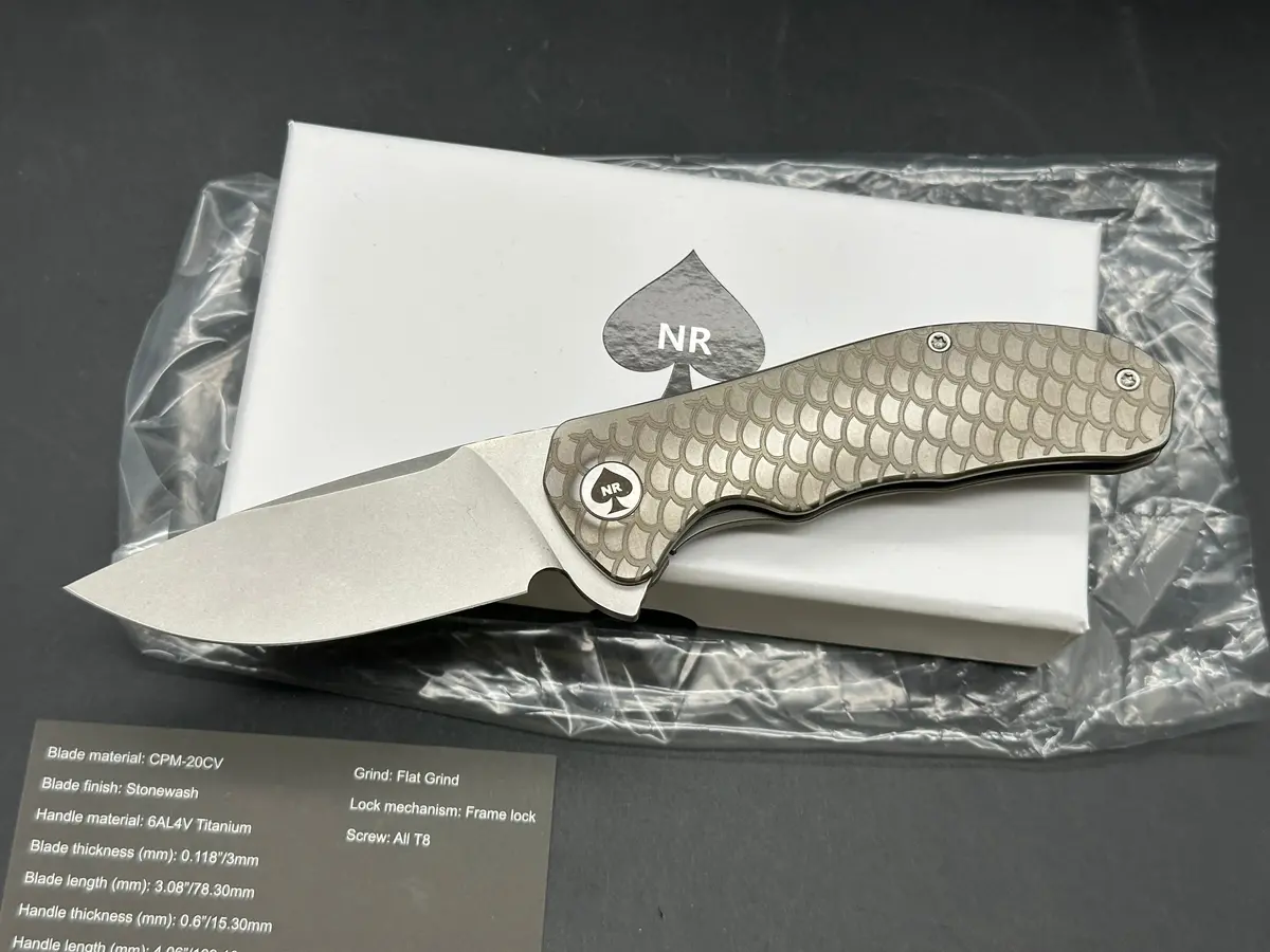 Nriggi Knives "Jersey" Laser Engraved Titanium Scales W/Cpm 20Cv Stonewash Blade 1