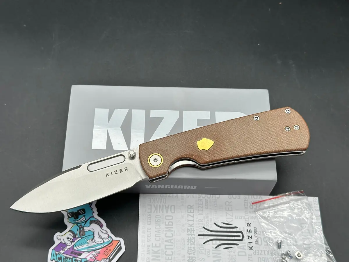 Kizer Retro Khaki Micarta/Brass Handle Nitro-V Drop Point Plain Edge 1