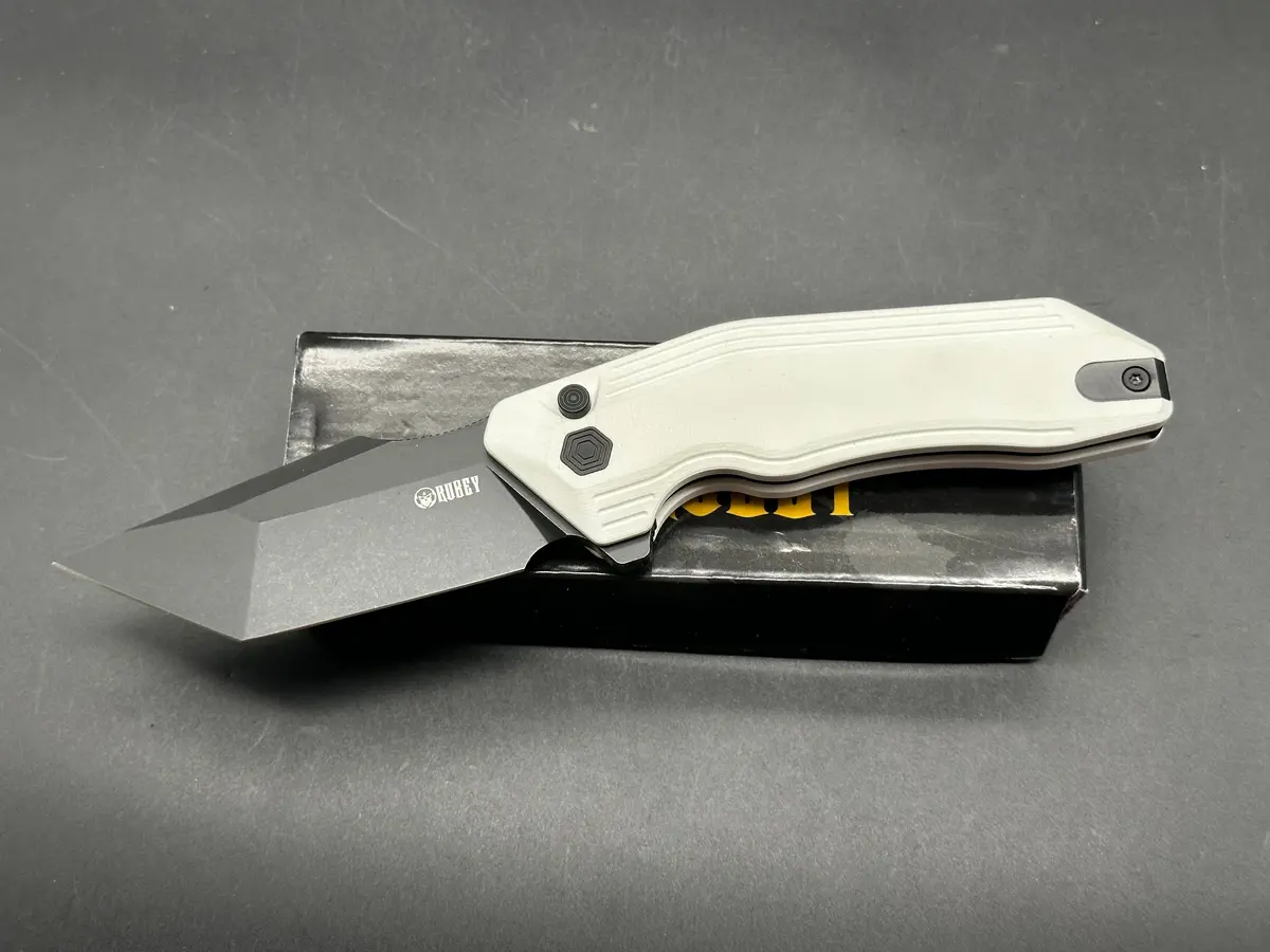 Kubey Yokai White G10 Handle 14C28n Tanto Point Plain Edge Blackwash Finish 1