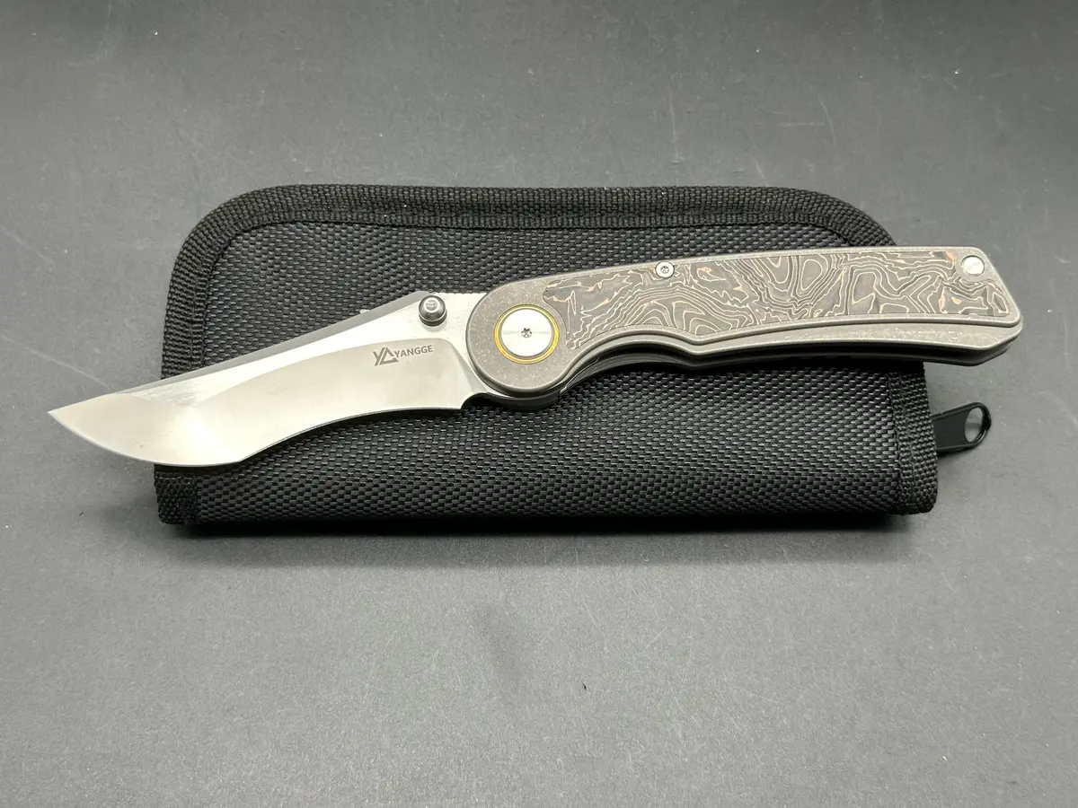 Yangge Folding Knife Sandwashed Titanium Copper Foil Carbon Fiber Handle S90v 1