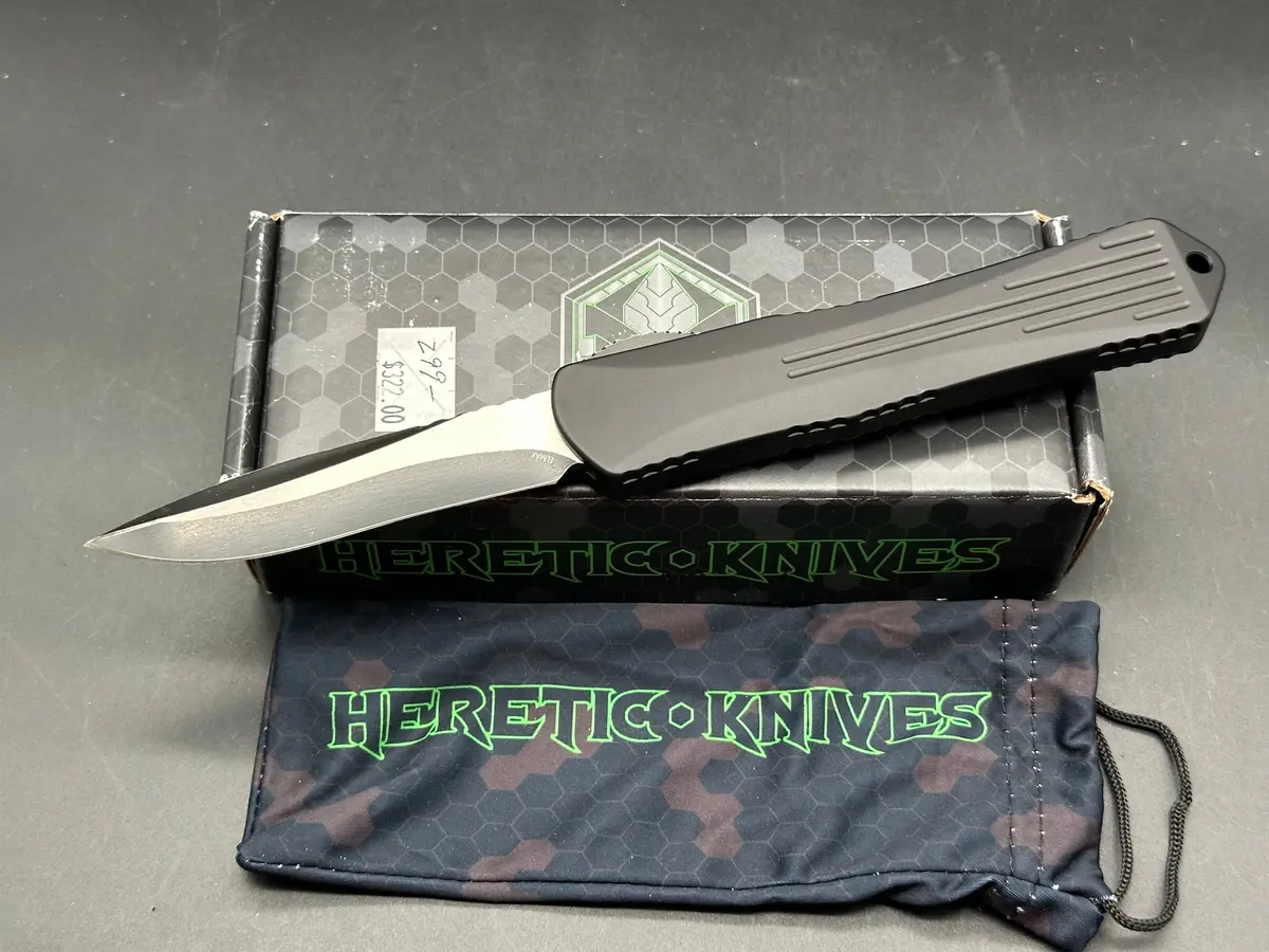 Heretic Knives Manticore-X Recurve Battleworn Black Elmax Otf Automatic 1