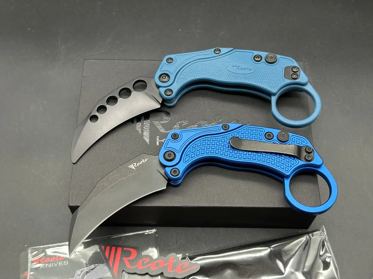 Reate Exo-K Gravity Karambit Button Lock Knife Blue Aluminum (3.1" Black Pvd) 1