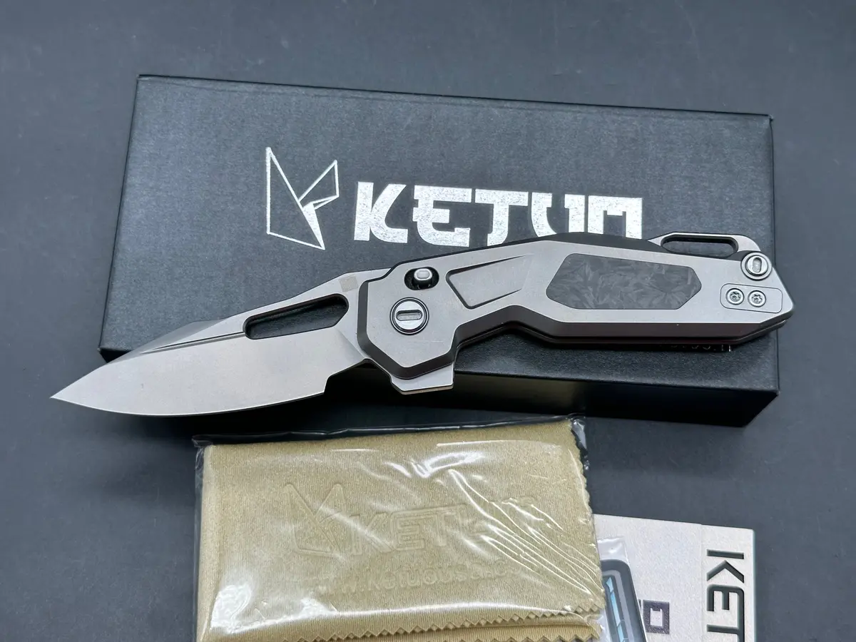 Ketuo Mini Griffin (New), 2.91" M390 Bead Blasted Drop Point Blade With Bead Blasted Titanium And Carbon Fiber Scales 1