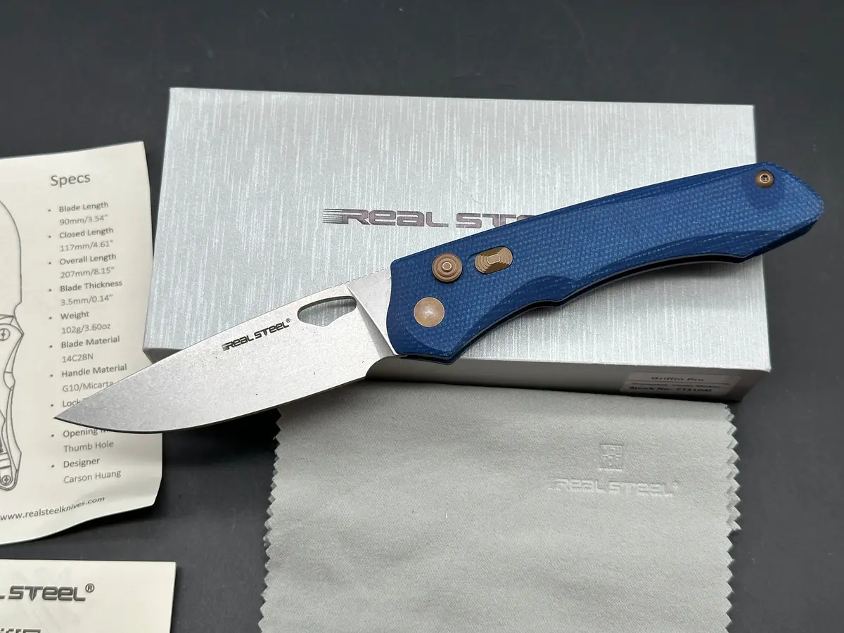 Real Steel Griffin Pro Blue Denim Handle Button Lock 14C28n Blade 1